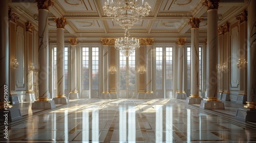 A luxurious room with grand columns and sparkling chandeliers
