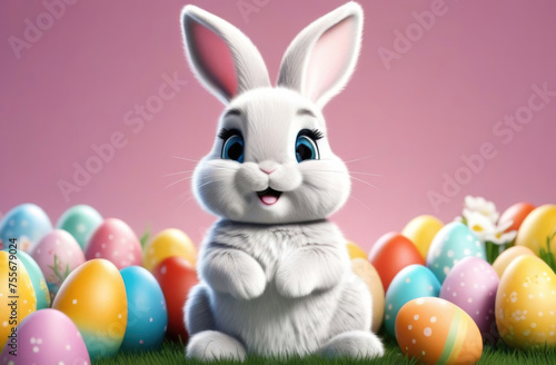 Cute Easter bunny with colorful eggs and flowers on green grass against pink background