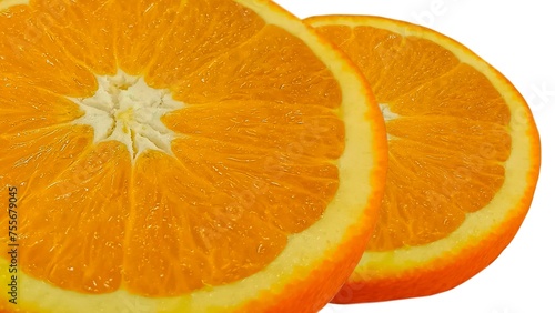 Orange fruit cut into pieces on white background.