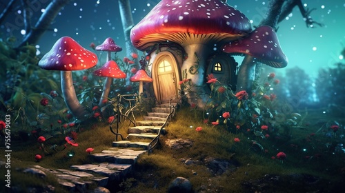 Fantasy landscape with fantasy house and mushrooms. 3d illustration