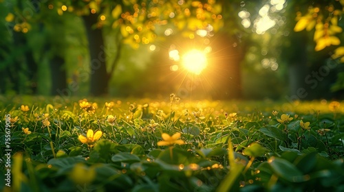 During spring, nature landscape in the park. Landscape with a forest on the background at sunset. Blurred copy space by the nature background. Low focus depth by the nature park. Ecology environment.
