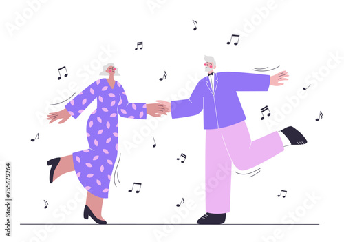 Senior couple dancing. Elderly people on a date. Old man and woman dance and have fun. Vector illustration of romantic date