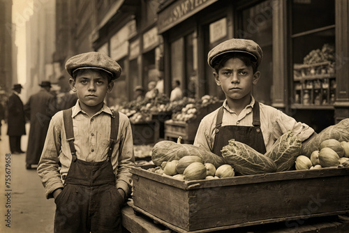 portrait of poor 10 year old children in front of a fruit shop in the streets of New York in the early twentieth century photo