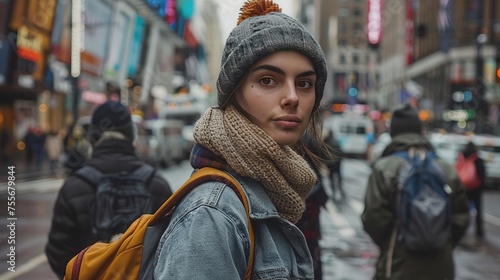 A close-up shot of a person in laid-back clothing, confidently gazing at the camera against the backdrop of a bustling urban street
