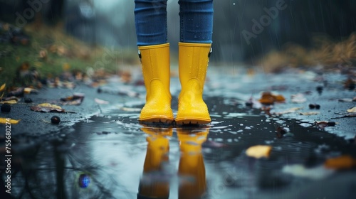 A person standing in a puddle wearing yellow rain boots
