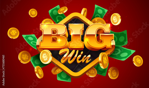 Big win banner. Sign with golden letters. Online casino.
