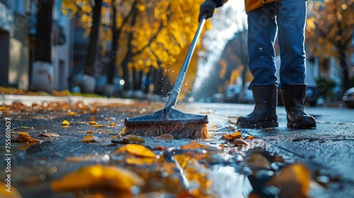 A person sweeping the sidewalk.