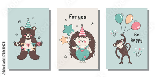 A set of greeting cards for a birthday  holiday  party  poster  invitation  template  greeting cards. Funny animals. Bear  hedgehog  monkey. Vector design.