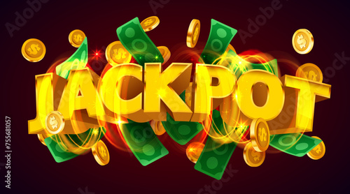 Jackpot sign with golden coins. Money explosion