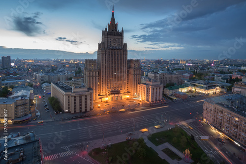 Ministry of Foreign Affairs building (Stalin skyscraper) at early morning in Moscow, Russia