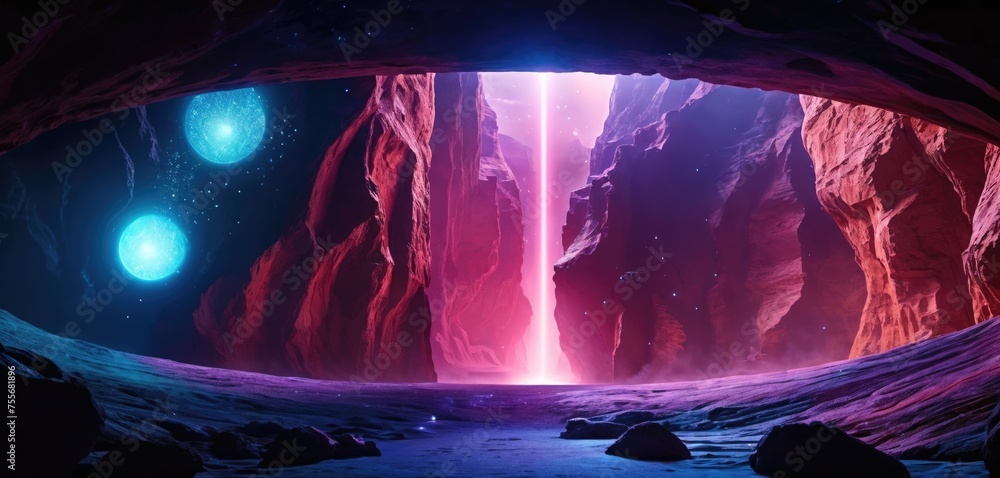 colorful space landscape with a deep canyon, glowing blue planets, and a pink ray