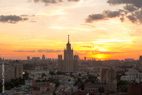 Panorama with Stalin skyscraper on Kotelnicheskaya quay during sunset in Moscow  Russia