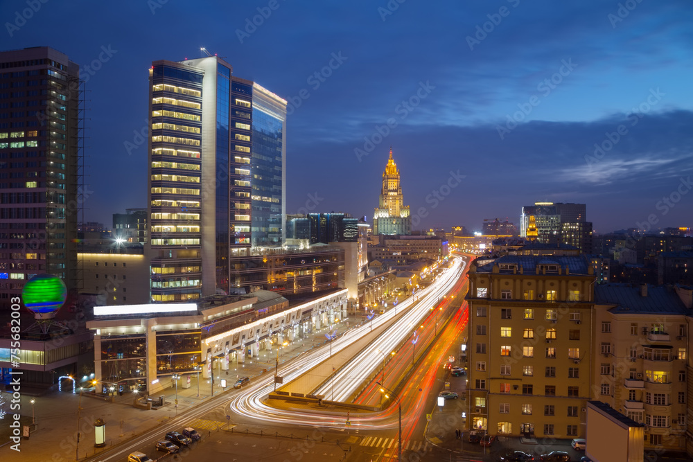 Smolenskaya Square highway in evening Moscow, Russia, long exposure