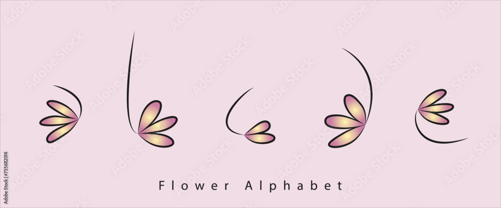 Obraz premium Flower-Alphabet aus Buchstaben in Form von rosa gelben Blumen und schwarzer Kontur