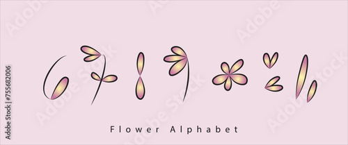 Flower-Alphabet aus Zahlen und Sonderzeichen in Form von rosa gelben Blumen und schwarzer Kontur