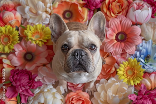 a dog sitting in a pile of flowers © Andrei