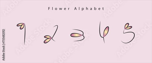 Flower-Alphabet Zahlen in Form von rosa gelben Blumen und schwarzer Kontur