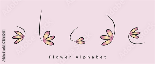 Flower-Alphabet aus Buchstaben in Form von rosa gelben Blumen und schwarzer Kontur