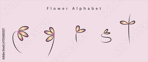 Flower-Alphabet aus Buchstaben in Form von rosa gelben Blumen und schwarzer Kontur