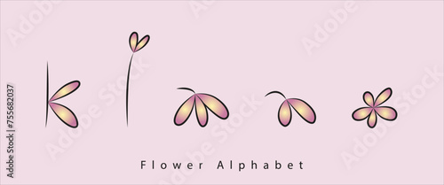 Flower-Alphabet aus Buchstaben in Form von rosa gelben Blumen und schwarzer Kontur