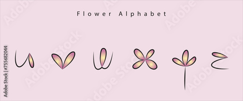 Flower-Alphabet aus Buchstaben in Form von rosa gelben Blumen und schwarzer Kontur