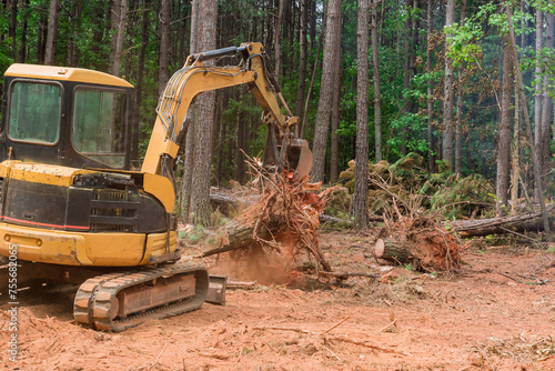 Tableau sur toile In preparation for construction of residential complex, excavators tractors are