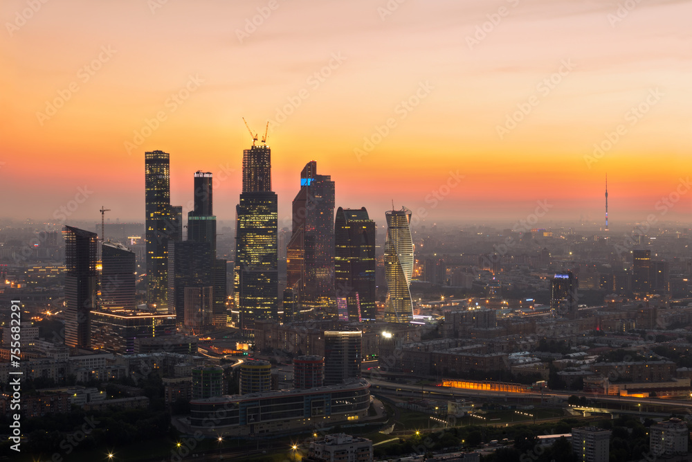  Moscow International Business Center skyscrapers, highway, railway during sunset in Moscow, Russia