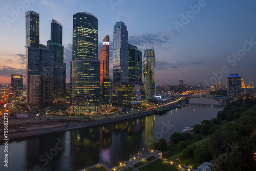  Moscow International Business Center and quay at evening. Investments in Moscow International Business Center was approximately 12 billion dollars © Pavel Losevsky