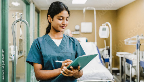 female doctor standing in hospital; nurse standing in a patients room; portrait of a doctor nurse