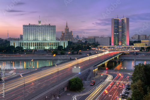 Government of Russian Federation, Novoarbatsky bridge in Moscow, Russia at evening