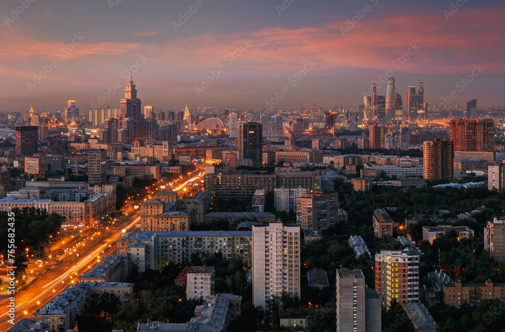 Panorama with skyscrapers, Leningradskoe highway during summer sunset in Moscow, Russia