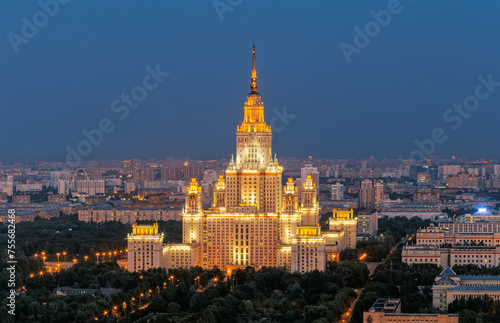 Moscow State University - one of Stalin skyscrapers at summer night in Moscow