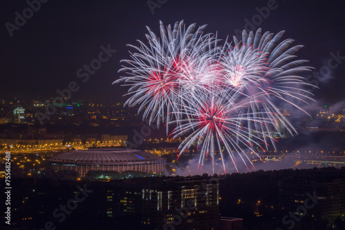 Beautiful firework above Luzhniki stadium at night in Moscow, Russia
