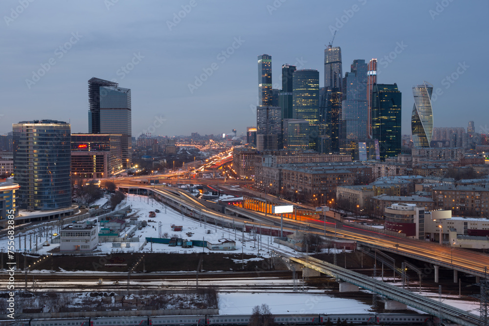Third transport ring and skyscrapers at evening in Moscow, Russia