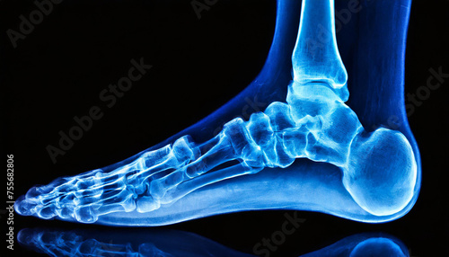 X-ray of human foot, illuminated in blue against black background. 3D rendering of medical screen.