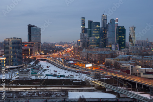 Third transport ring and skyscrapers at evening in Moscow, Russia