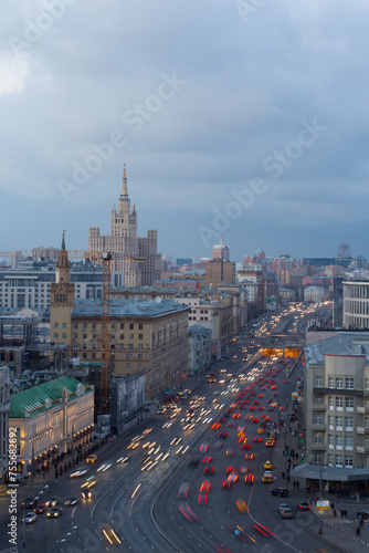 Traffic on Smolenskaya Square in evening Moscow, Russia, long exposure