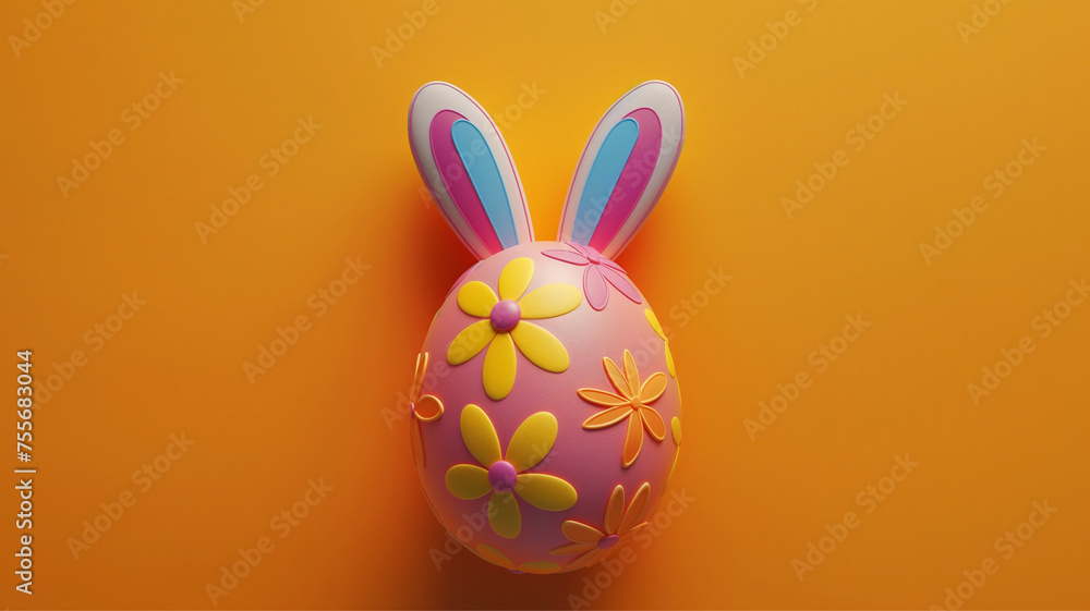 Fototapeta premium Easter egg with bunny ears, orange background, concept of the Christian holiday Easter