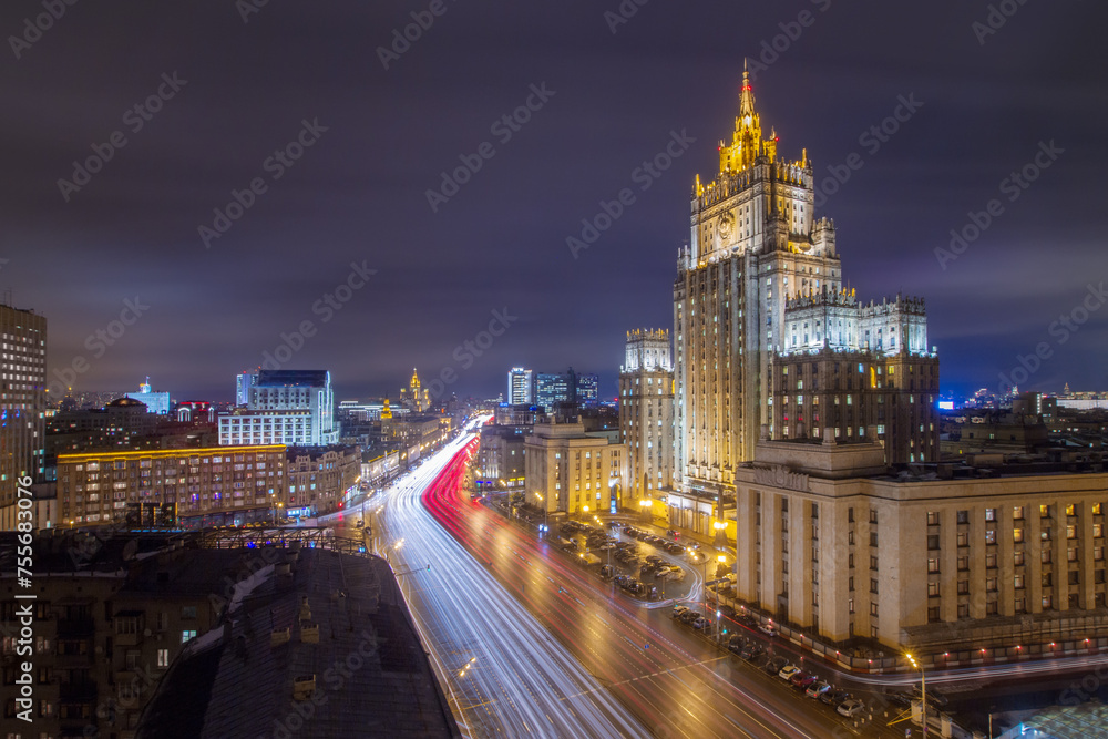  Ministry of Foreign Affairs building with illumination at night. This building is one of famous Stalin skyscrapers