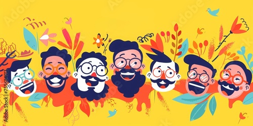 Funny smiling faces with mustaches and candy for April Fool's Day poster design. Background with text April Fools' Day and cartoon emoji smiley faces, mustache, clown hat