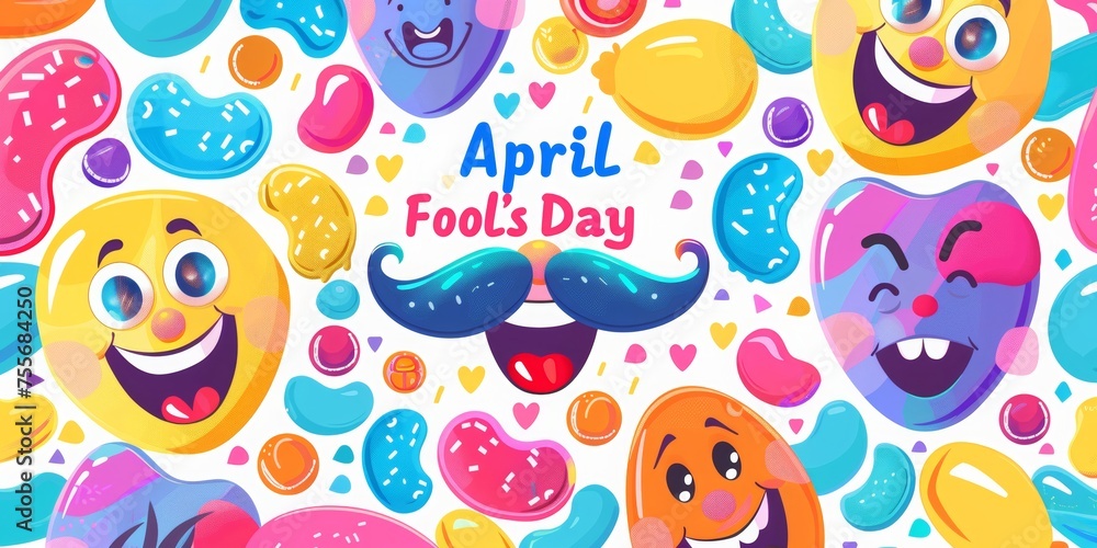Funny smiling faces with mustaches and candy for April Fool's Day poster design. Background with text April Fools' Day and cartoon emoji smiley faces, mustache, clown hat Funny smiling faces with mustaches and candy for April Fool's Day poster design. Background with text April Fools' Day and cartoon emoji smiley faces, mustache, clown hat