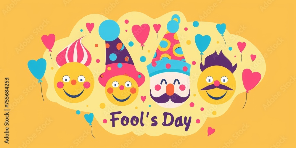 Obraz premium Funny smiling faces with mustaches and candy for April Fool's Day poster design. Background with text April Fools' Day and cartoon emoji smiley faces, mustache, clown hat