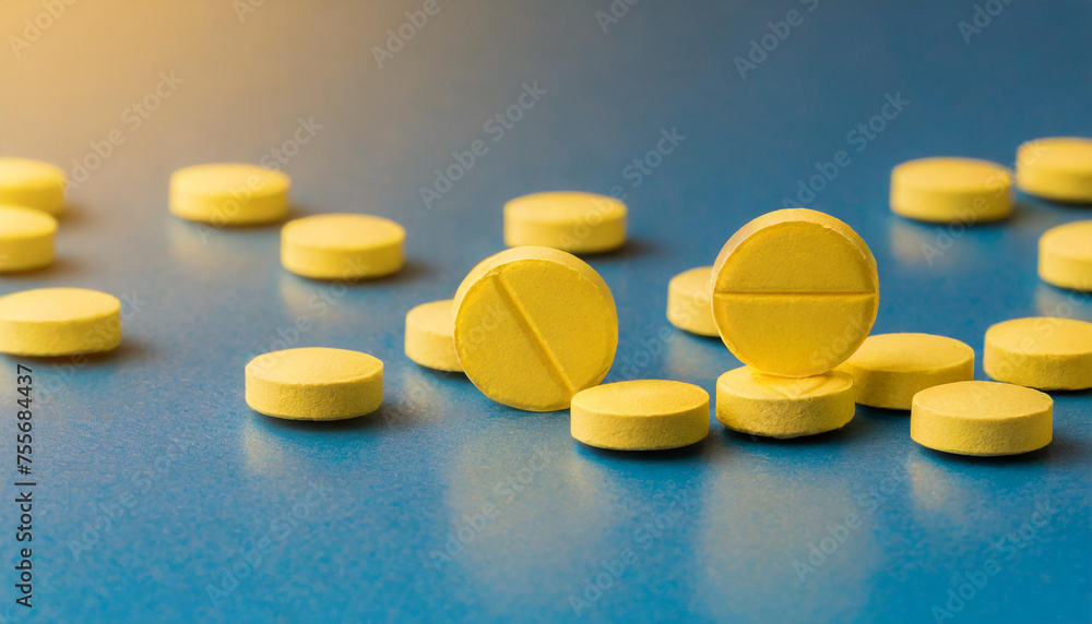 Yellow pills on blue table. Pharmaceutical vitamin or drug. Medical care and treatment. Yellow pills on blue table. Pharmaceutical vitamin or drug. Medical care and treatment.