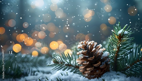 Weihnachtliches Motiv    Tannenzapfennund Tannenzweige im Schnee