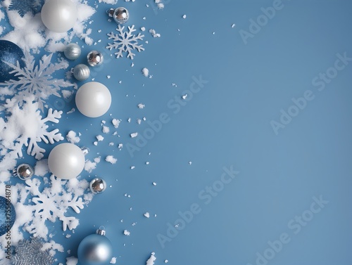 Blue Background with Christmas Ornaments And Snowflakes on the Left Side