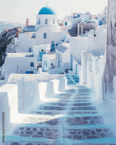 Beautiful sun kissed stone steps in Greek style island village 
