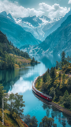 A sweeping view of the Glacier Express snaking through the Swiss Alps