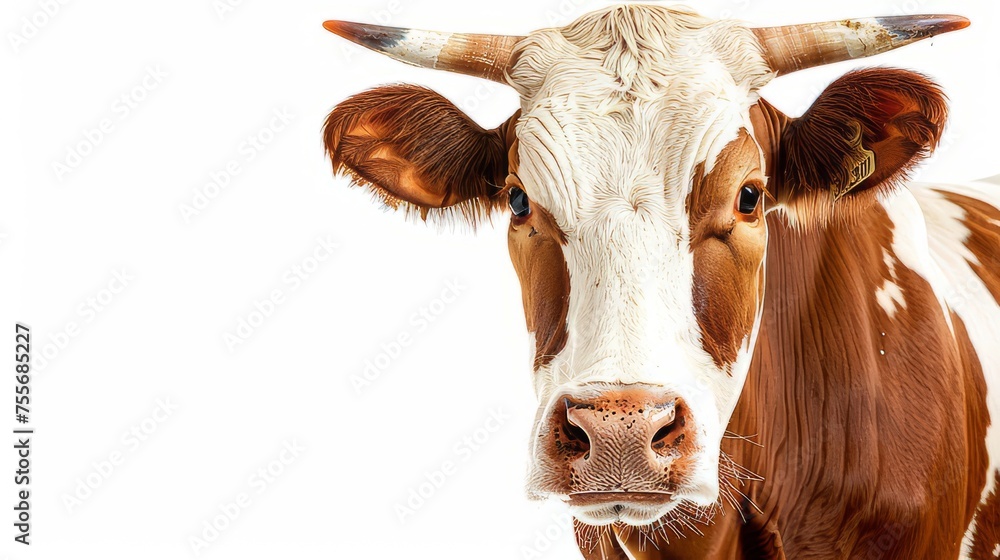 A portrait of a long-horned cow with a brown and white combination of wapi colors, a cow facing the camera from the side is suitable for promotional content. Created with Generative AI. A portrait of a long-horned cow with a brown and white combination of wapi colors, a cow facing the camera from the side is suitable for promotional content. Created with Generative AI.