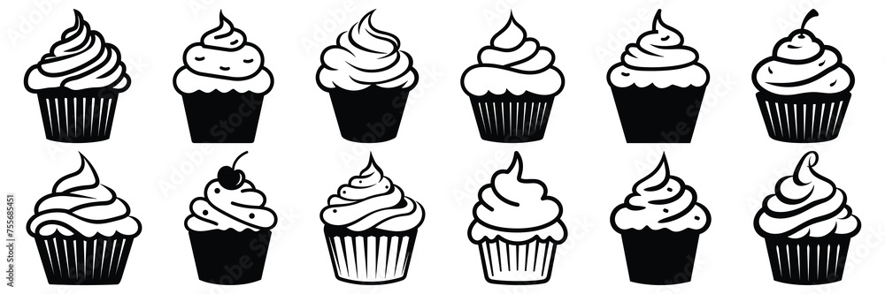 Cupcake silhouettes set, large pack of vector silhouette design, isolated white background Cupcake silhouettes set, large pack of vector silhouette design, isolated white background