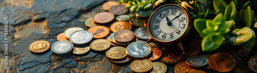 Coins from around the world scattered around a retro alarm clock and small plant